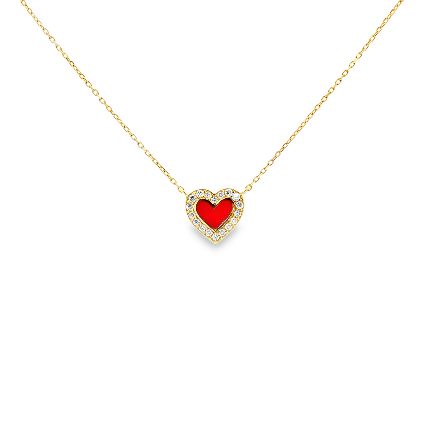 14kt Yellow Gold Red Enamel Heart Necklace, .12ctw Diamonds