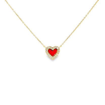 14kt Yellow Gold Red Enamel Heart Necklace, .12ctw Diamonds