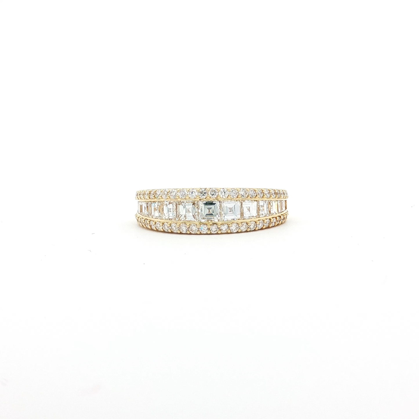Yellow Gold Triple Row Emerald Diamond Band with Round Pavé Set Diamonds