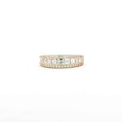 Yellow Gold Triple Row Emerald Diamond Band with Round Pavé Set Diamonds
