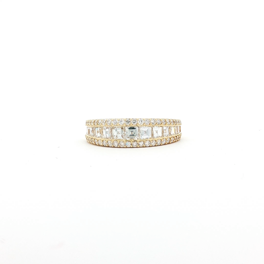 Yellow Gold Triple Row Emerald Diamond Band with Round Pavé Set Diamonds