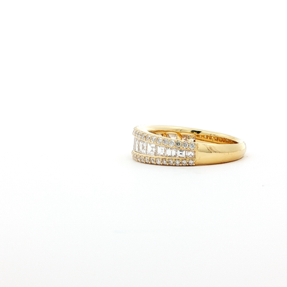 Yellow Gold Triple Row Emerald Diamond Band with Round Pavé Set Diamonds