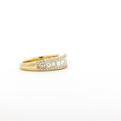Yellow Gold Triple Row Emerald Diamond Band with Round Pavé Set Diamonds