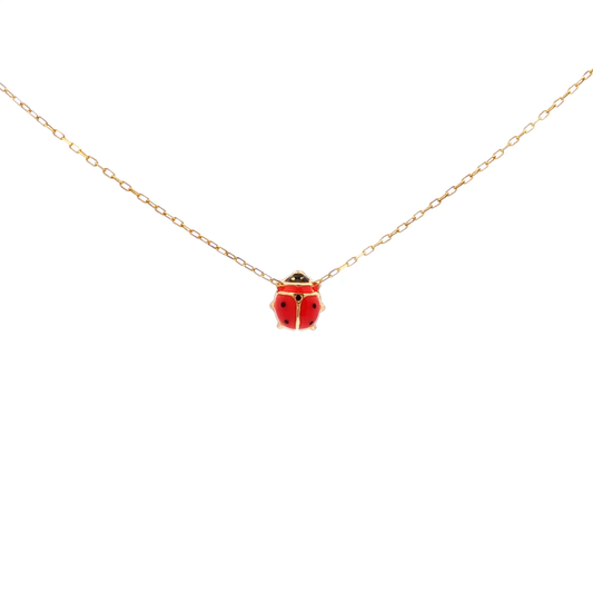 Yellow Gold Red Enamel Ladybug Pendant Necklace
