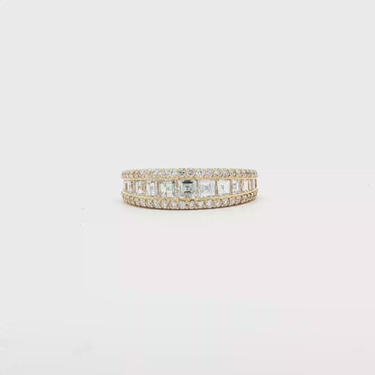 Yellow Gold Triple Row Emerald Diamond Band with Round Pavé Set Diamonds