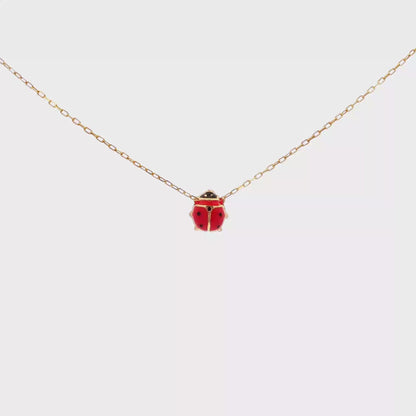 Yellow Gold Red Enamel Ladybug Pendant Necklace